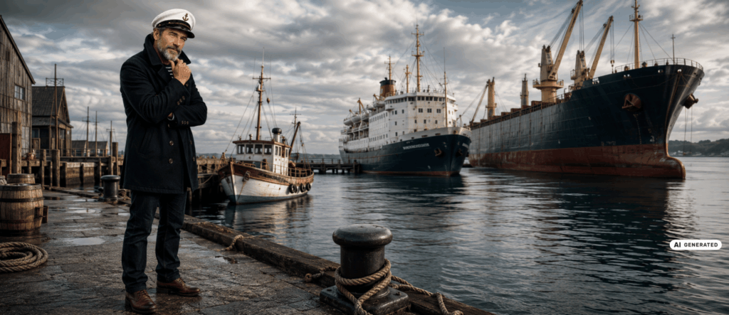 Kapitän sucht sich sein Schiff aus. KI generiertes Bild