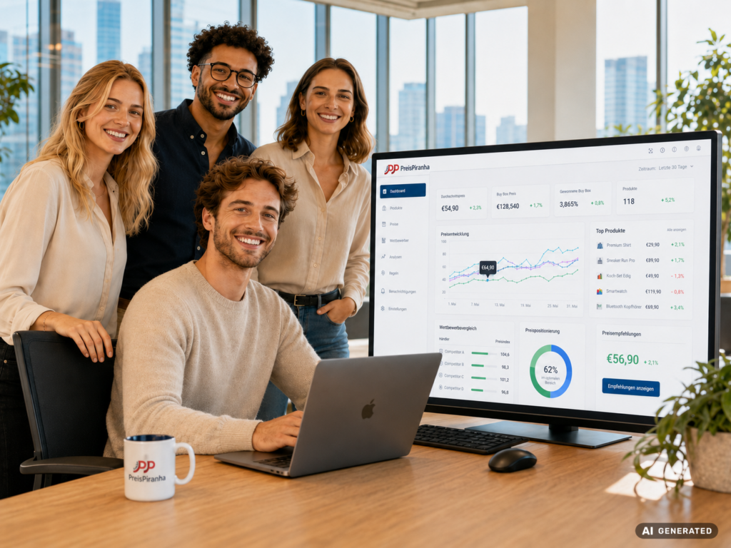 PreisPiranha User sitzen vor dem Dashboard Preismonitoring und Dynamic Pricing. KI generiertes Bild